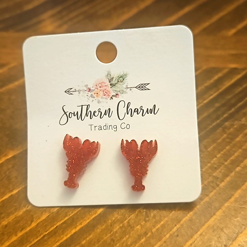 Red Glitter Sparkle Crayfish Earrings